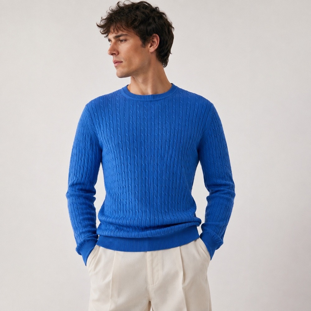 Blue Cable Knit Cotton Crewneck Sweater Ribbed Preppy Coastal Women's L